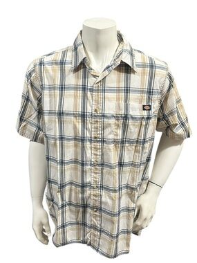 Dickies Men’s Button Up Shirt White Blue Plaid Pocket Short Sleeve XL